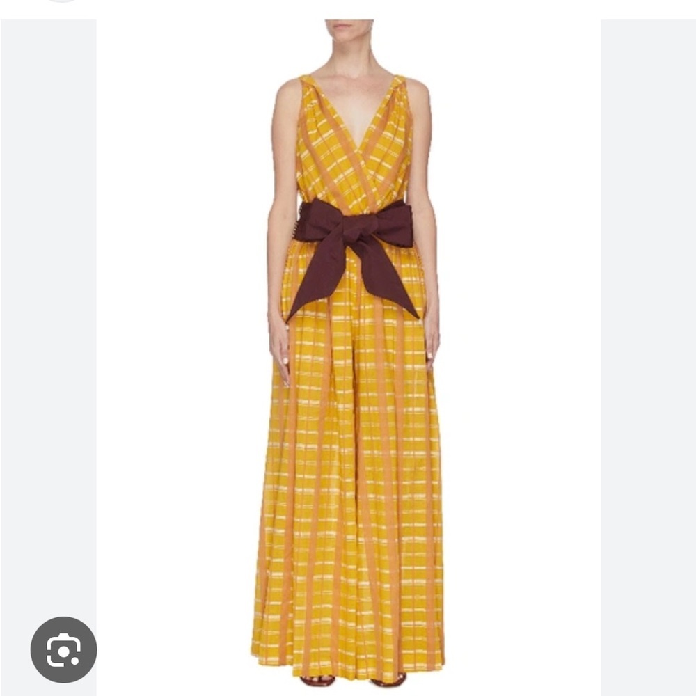 STAUD Yellow Check Plaid Mika Jumpsuit with Brown Sash size S